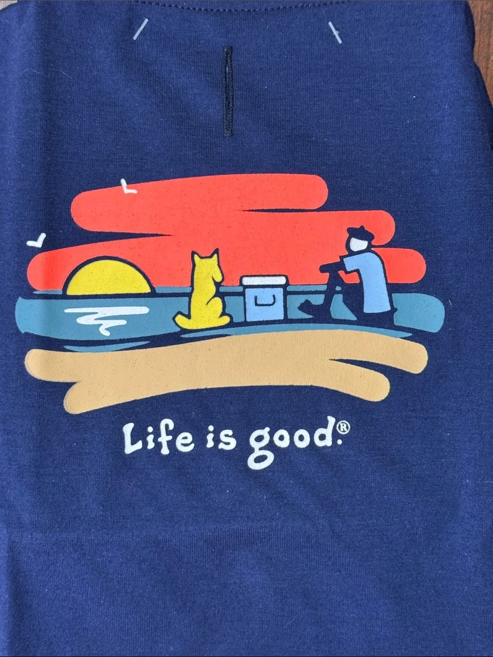 Life Is Good Navy Pet Tee with Colorful Sunset Scene in Sizes XS - XL NWT